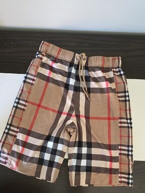 Burberry Tan Plaid Shorts with Black, White & Red Trim